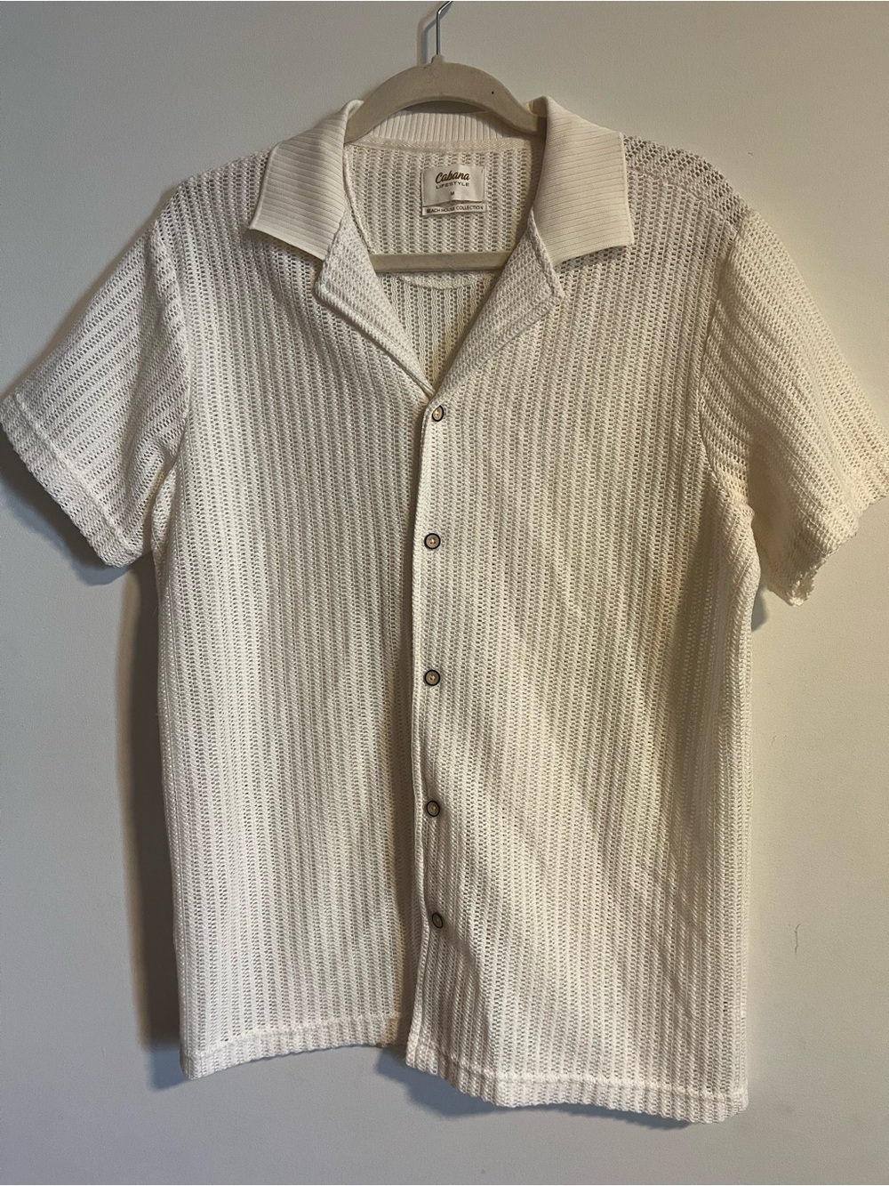Cabana Lifestyle Men’s Cream Open-Knit Short Sleeve Button-Down Shirt Med NWOT